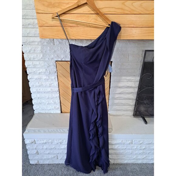 NEW Vera Wang Navy One-Shoulder Ruffle Slit Formal Gown Wedding Dress Size 2 - Picture 4 of 16